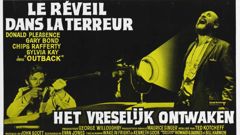 Black, white and yellow poster with French title 'Le Reveil Dans La Terreur' and Flemish title 'Het Vreselijk Ontwaken'. Image of Gary Bond with a gun next to a spotlight and Donald Pleasence with two-up coins over his eyes.
