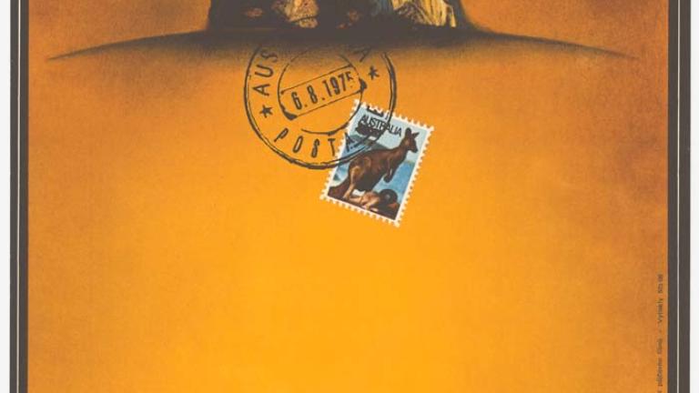 Czech title 'Zapadakov' below an image of a rock outcrop against a yellow and brown background. Overlaying centre of image is an Australian 'stamp' featuring two kangaroos (one alive, one dead) 'postmarked' Australia and dated 6.8.1975. 