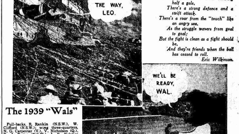 Newspaper article about the Australian Rugby Union team leaving for England in 1939.