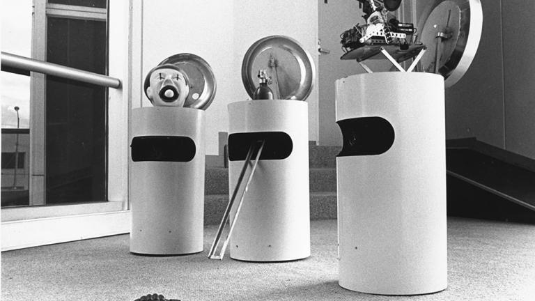 Three remote controlled garbage bins stage a hold up