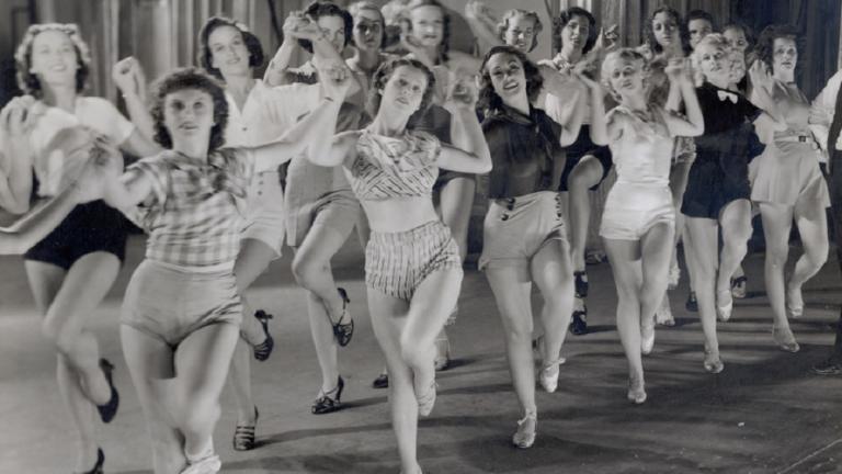 A chorus line of dancers from the film, Let George Do It 