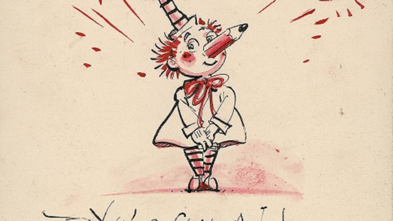 Mr Squiggle card_celebrating 5 years working together Red and black anniversary card with Mr Squiggle crowned by hearts and the numbers 1 to 5
