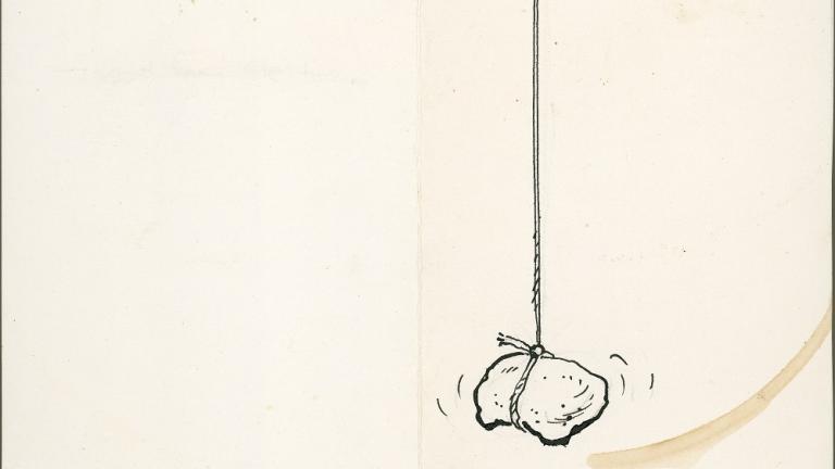 Mr Squiggle card Black and white drawing of a rock hanging by a rope above the open mouth of a cartoon character