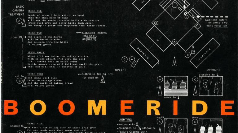 An LP cover with a lot of small white writing and diagrams against a black background. Across the bottom third in large orange and yellow block letters is the title 'BOOMERIDE'.