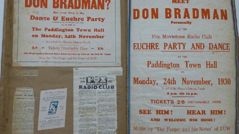 Double page form a large scrapbook showing advertisements for an event with Don Bradman.