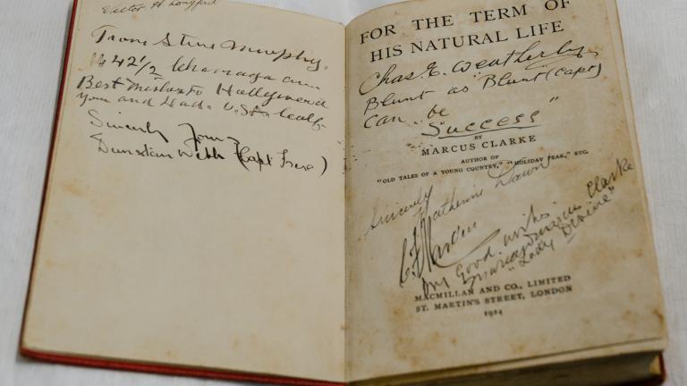 'For the Term of His Natural Life' novel signed by 1927 film cast Inside cover of a copy of the novel For the Term of His Natural Life which has been autographed by people.