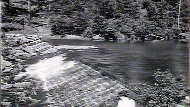 Water flows over a bushland causeway. A woman sits by the water reading