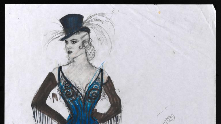 Sketch of a costume for a movie showing a woman in a top hat with feathers coming out of it, long gloves and a fitted lace dress with an asymmetrical hem with a long fringe.