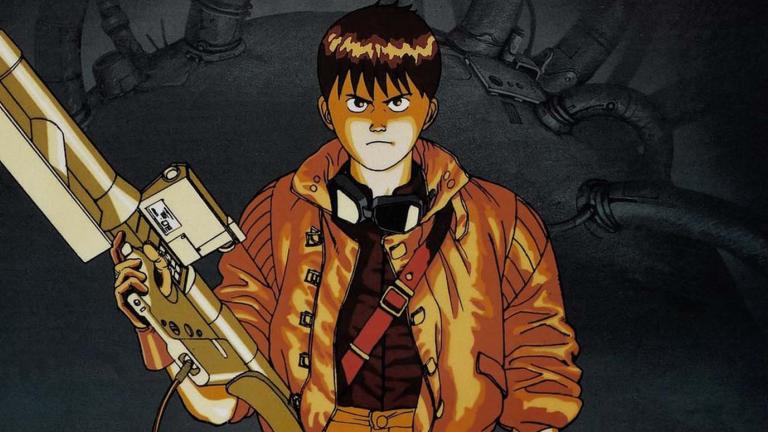 A still from the Japanese anime film Akira showing the title character holding a large gun