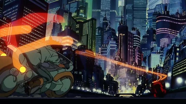 In a scene from the influential Japanese anime film Akira, young men on motorcycles race through a futuristic city