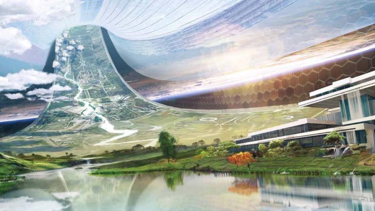 A futuristic sci-fi landscape. A modern building is on the grassy bank of a lake. The land beyond rises upwards like a ramp and intersects the sky as if we are viewing the inside of a matrix.
