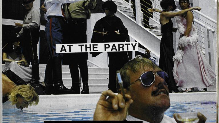 Collage of people at a party. One man in drinking a cocktail and smoking a cigar in a swimming pool. Others are dancing in the background.