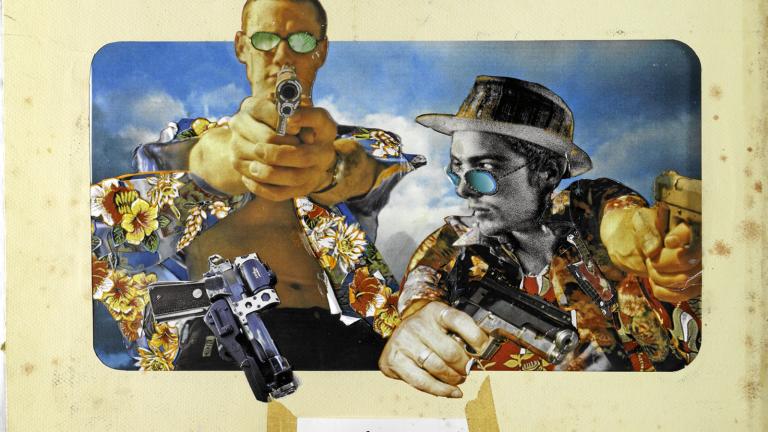 Page from a scrapbook with a collage of images on it including men in sunglasses holding a gun.
