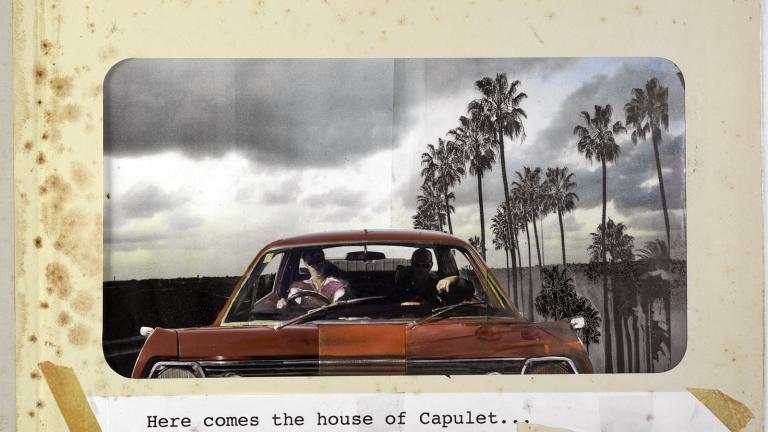 Page from a scrapbook with a picture of the front of a convertible car driving along a tree-lined road with dark clouds in the sky.