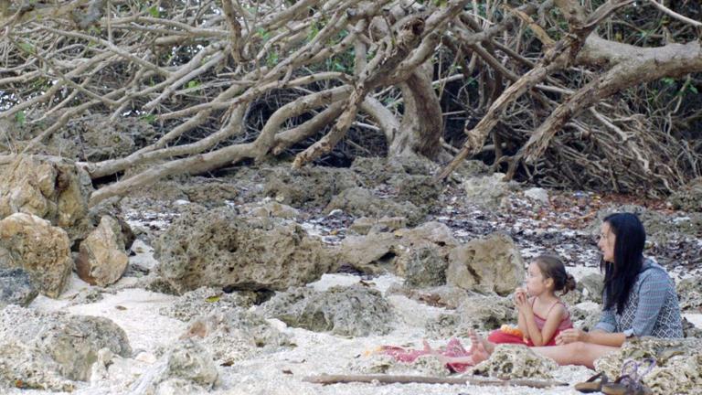 A woman and young girl sit on the sand on a rocky beach near some gnarled tree roots