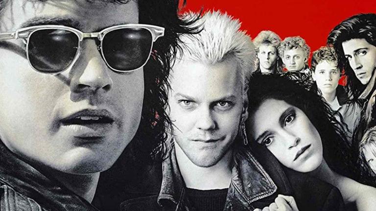 Close up of a group of brooding young adults and teens, taken from a movie poster for the film The Lost Boys.