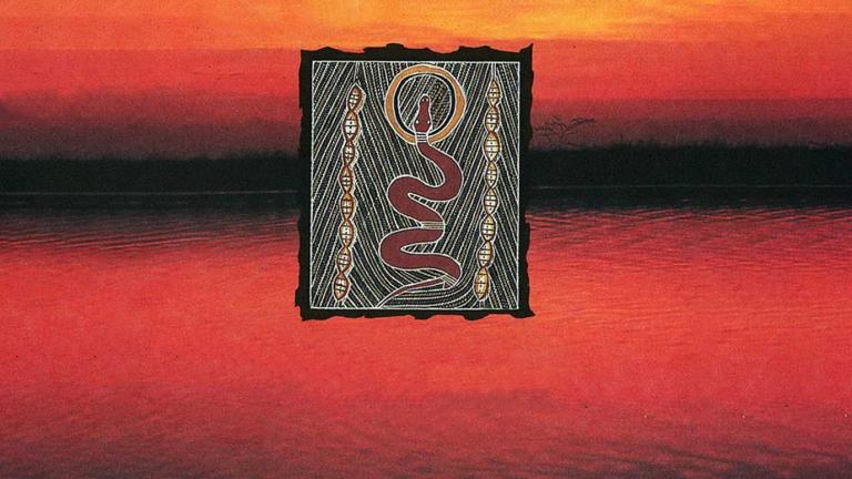 An Aboriginal drawing of a snake surrounded by symbols and a striped and dotted pattern against a red and black sunset