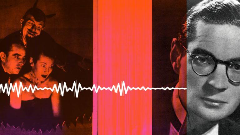 A radio wave form overlaid on two images - on the left are some frightened people with the devil looking over their shoulder and on the right is a close up of a man wearing glasses.