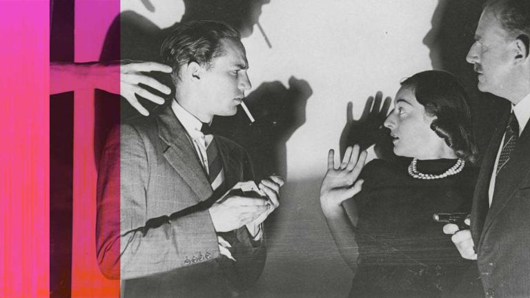 Peter Finch standing with a young woman and older man in profile. There are some menacing shadows behind them and the woman looks frightened.