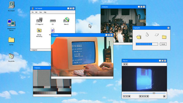 A 2000s era computer desktop featuring overlapping inset windows over a blue sky background. The inset images include a floppy disk, a progress line on a copying file, and fingers typing on a keyboard attached to a 1980s-style computer monitor