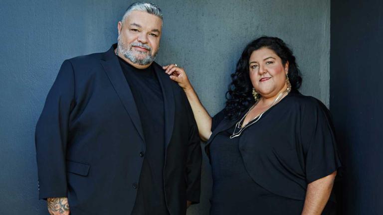 Film directors Adrian Wills and Gillian Moody in a publicity still.