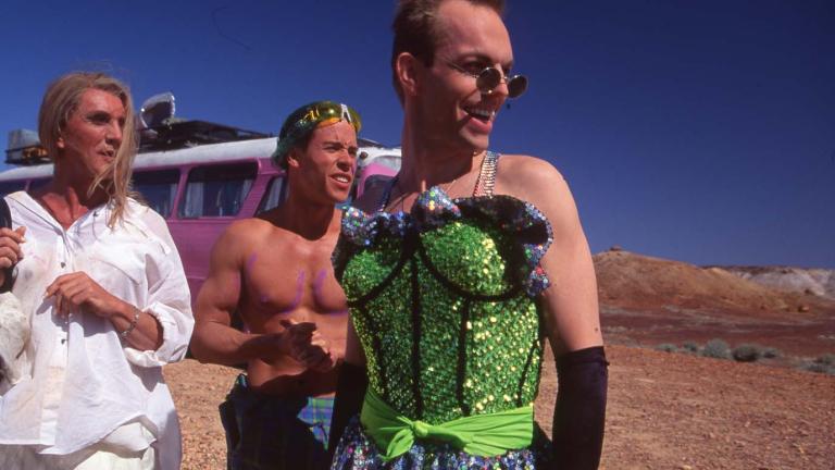Terence Stamp, Guy Pearce and Hugo Weaving on the set of Priscilla.