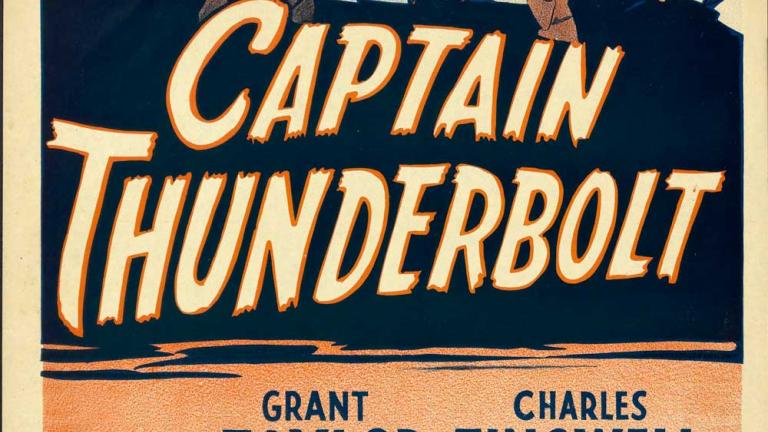 A daybill poster for the 1951 film Captain Thunderbolt with a man on a horse above the title and two men holding guns below the title. The tagline asks "Desperado or hero?"