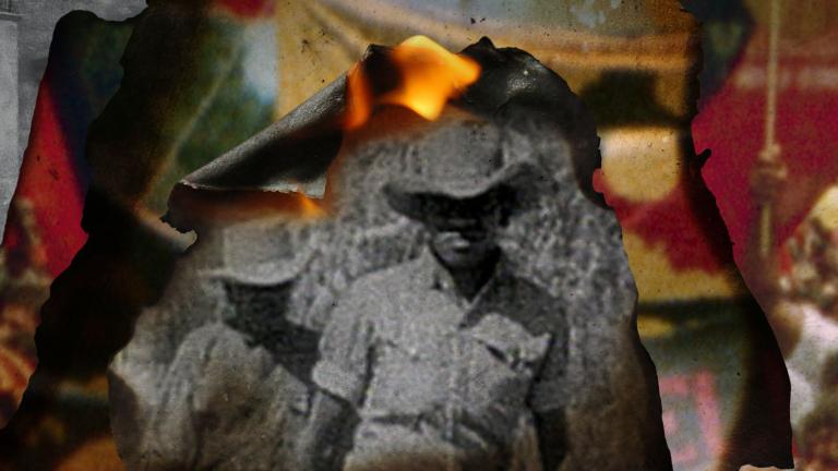 Detail from the poster for the film WINHANGANHA showing an archival photo of two First Nations men wearing collared shirts and bush hats. The edges of the black-and-white photo is curled up as if on fire, and the collage also features fire and the red, yellow and black colours of the Aboriginal flag