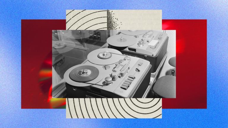 A collage of images stacked on top of each other featuring recording equipment against a sky blue background.