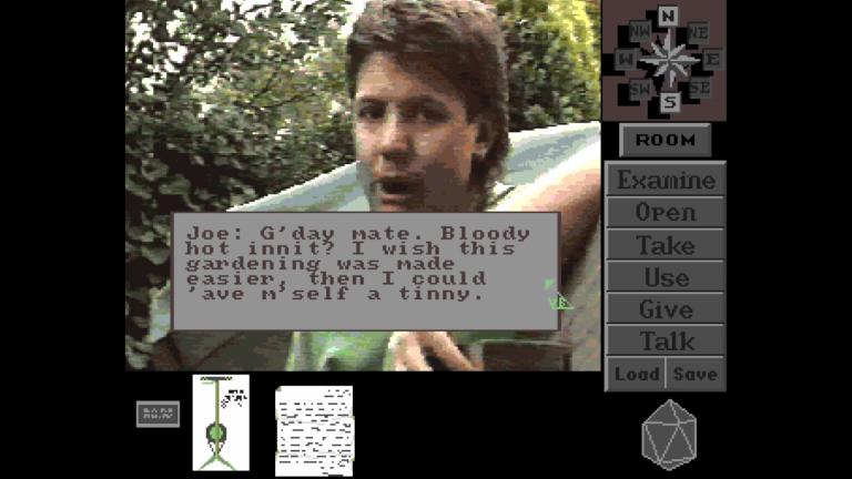 A screenshot from a video game about Neighbours featuring one of the cast members from the show and the player controls down the right side of the screen.