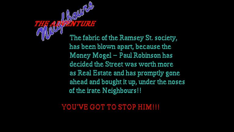 A screenshot from a 1990s computer game called 'Neighbours: The Adventure' outlining the objective of the game.