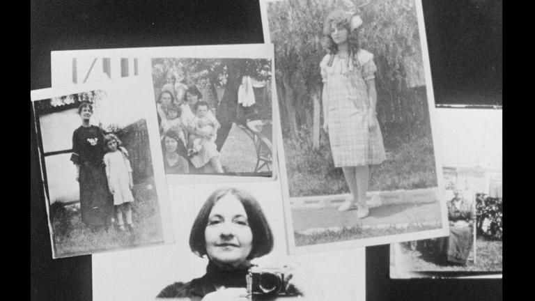 A montage of black-and-white photos of filmmaker Corinne Cantrill including as a child, with female relatives, and holding up a photo camera.