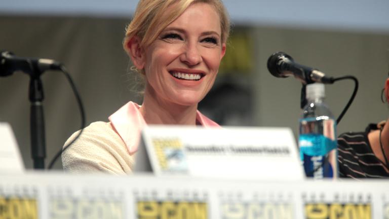 Cate Blanchett answering questions at a Comic Con media conference