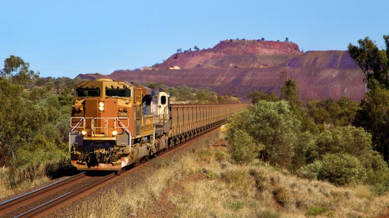A loaded ore train leaving the Mount Whaleback mine site at Newman in Western Australia