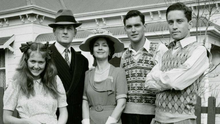 Main cast of television show The Sullivans. Susan Hannaford (Kitty), Paul Cronin (Dave), Lorraine Bayly (Grace), Andrew McFarlane (John), Steven Tandy (Tom) and Richard Morgan (Terry).