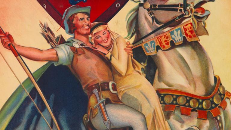 Close up of the poster for The Adventures of Robin Hood showing an illustration of Errol Flynn and Olivia de Havilland on a horse.
