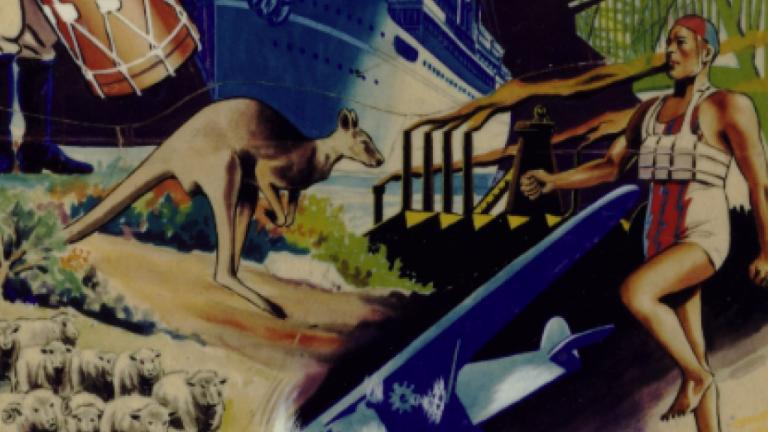 Section of a film poster from 1938 which shows a drawing of a kangaroo, some sheep and a man in a surf-lifesaving outfit.