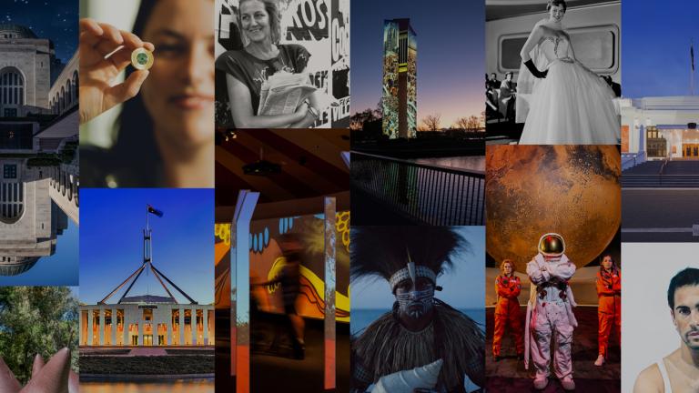A collage showing Canberra cultural institutions and some of the artworks and artefacts they contain