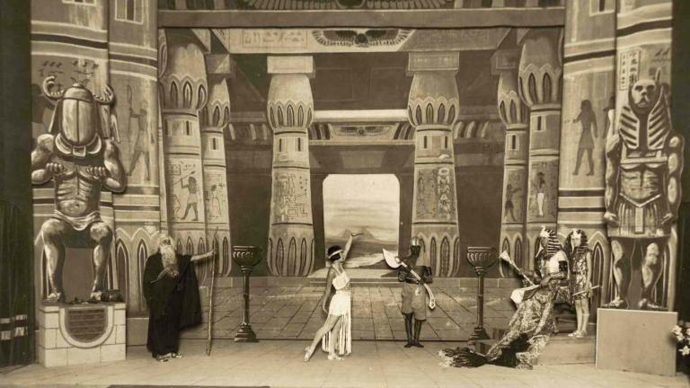 Cast members pose on stage during a prologue to a 1925 screening of The Ten Commandments in Queensland
