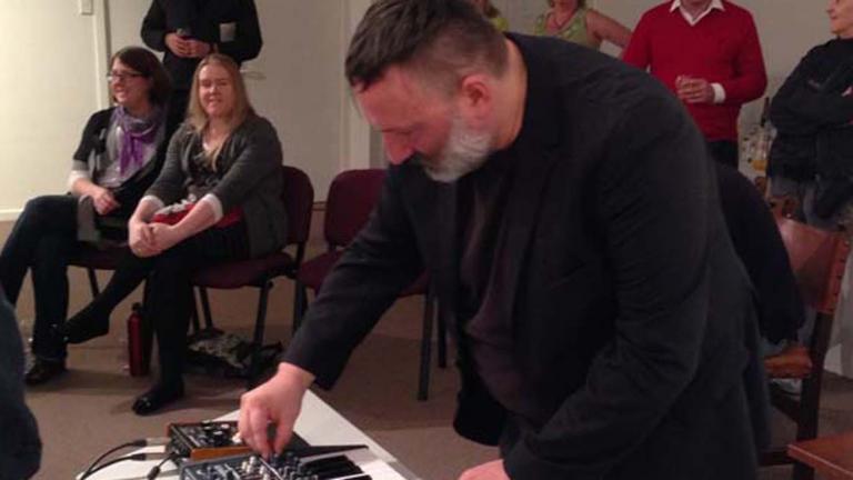 Composer Heinz Riegler plays a synthesiser at the Art of Sound exhibition in Burnie, Tasmania
