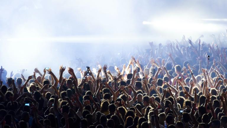 A cheering crowd at a rock concert