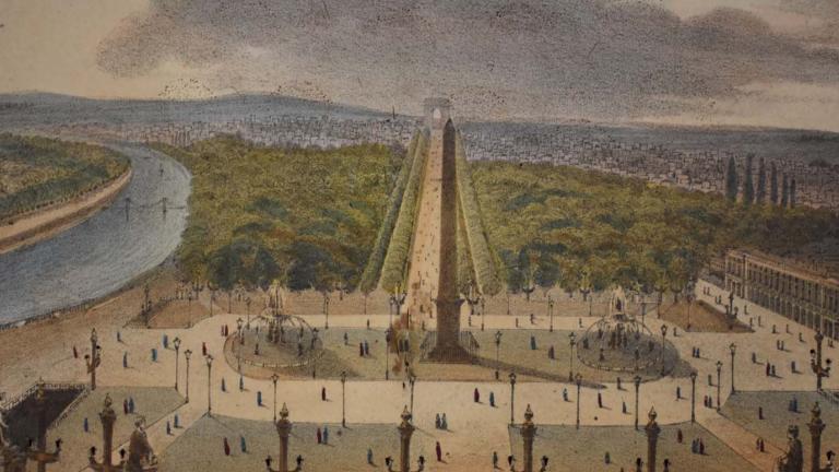 Hand-coloured lithographic slide of La Place de la Concorde in Paris