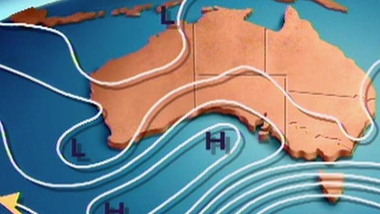 A weather map of Australia which has wavy lines and markers through it showing weather patterns.