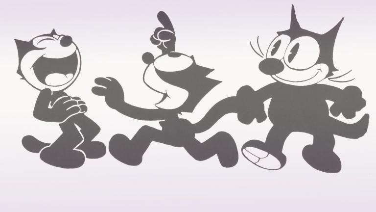 A set of three drawings of the cartoon character Felix the Cat in different poses.