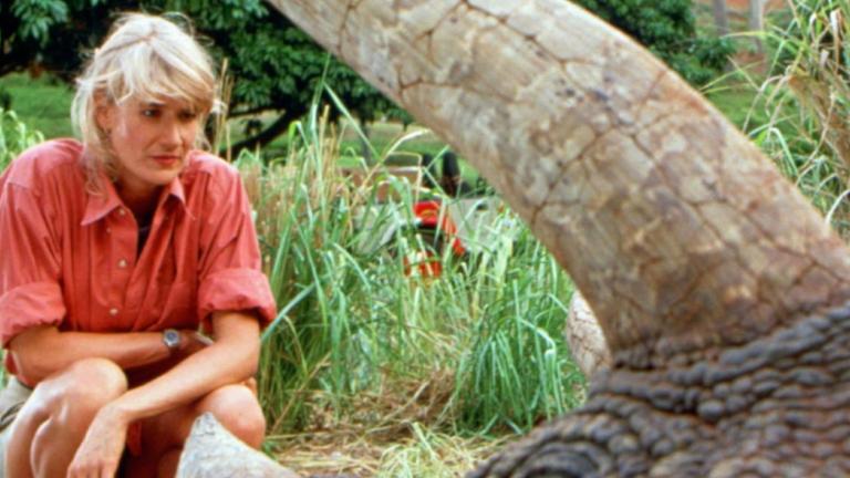 Laura Dern kneeling down outside looking at the head of a prone dinosaur