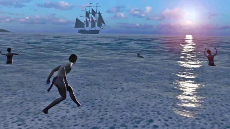 Still frame from virtual reality production Whadjuk showing Aboriginal men in the water and a ship on the horizon