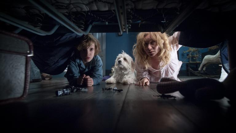 Essie Davis, Noah Wiseman and their dog look under the bed in a scene from the film The Babadook Essie Davis, Noah Wiseman and their dog look under the bed in a scene from the film The Babadook