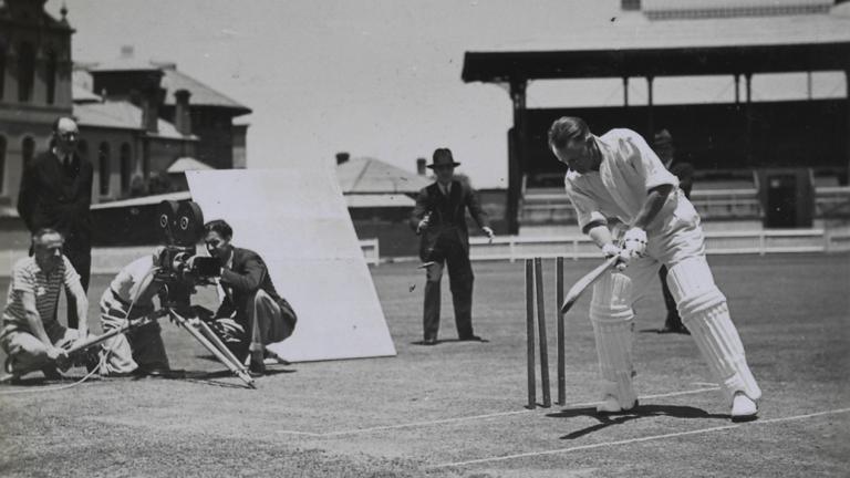 Donald Bradman batting in front of a film crew Donald Bradman batting in front of a film crew