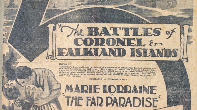 Page from an old scrapbook showing newspaper advertisements for a movie theatre from the 1920s.