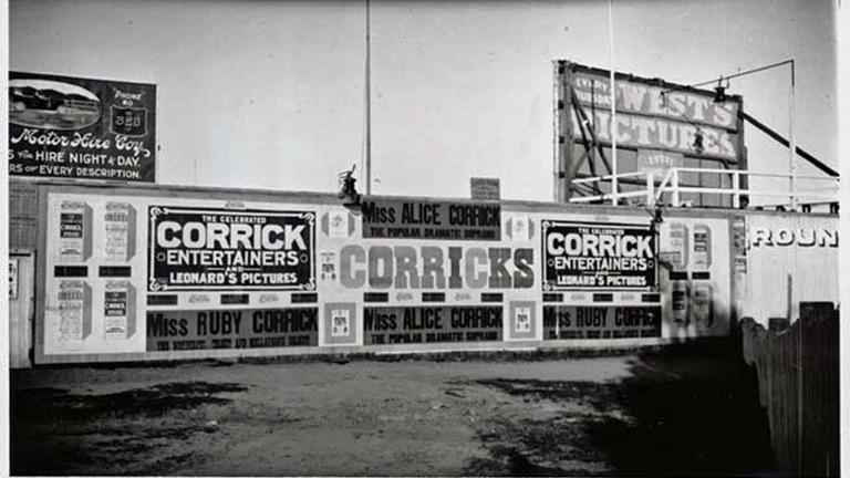 Billboards advertising the Corrick family Billboards advertising the Corrick family of entertainers in Adelaide, October 1912.